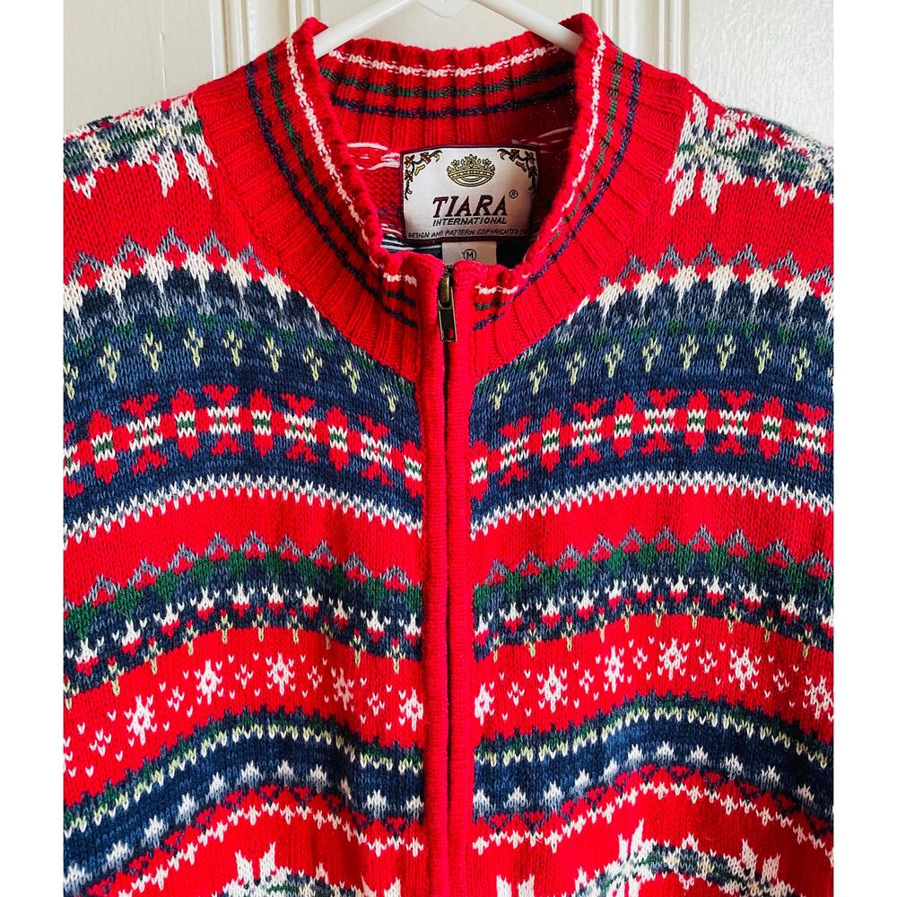 Vtg Tiara International Fair Isle Zip-Up Holiday Cardigan Red Nordic Size M